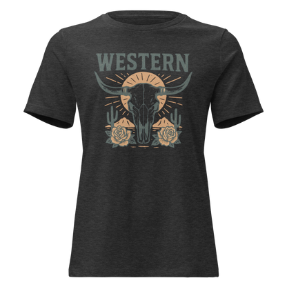 Dark Grey Heather t-shirt with graphic of desert landscape, cacti, roses, bull skull and sun. #darkgreyheather