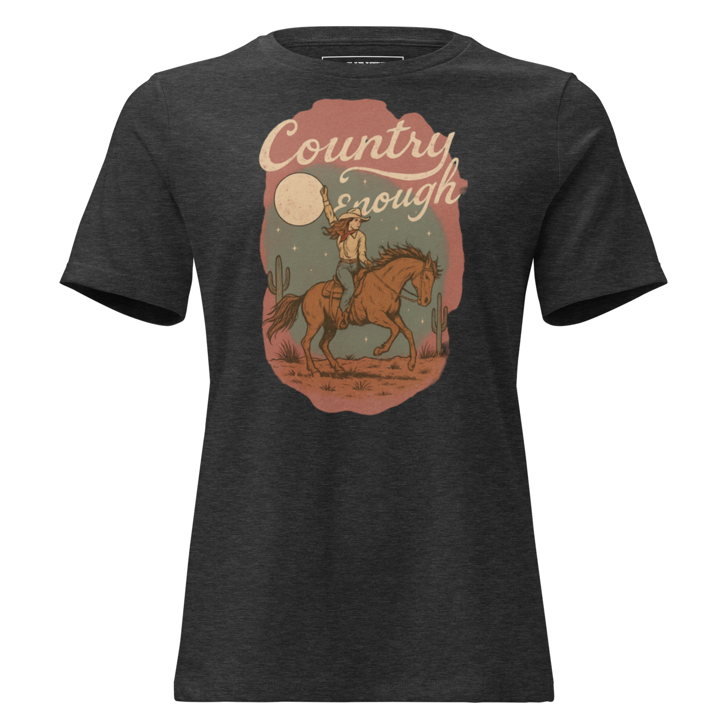 Dark Grey Heather t-shirt with cowgirl and horse graphic featuring a western landscape under moon and stars #darkgreyheather