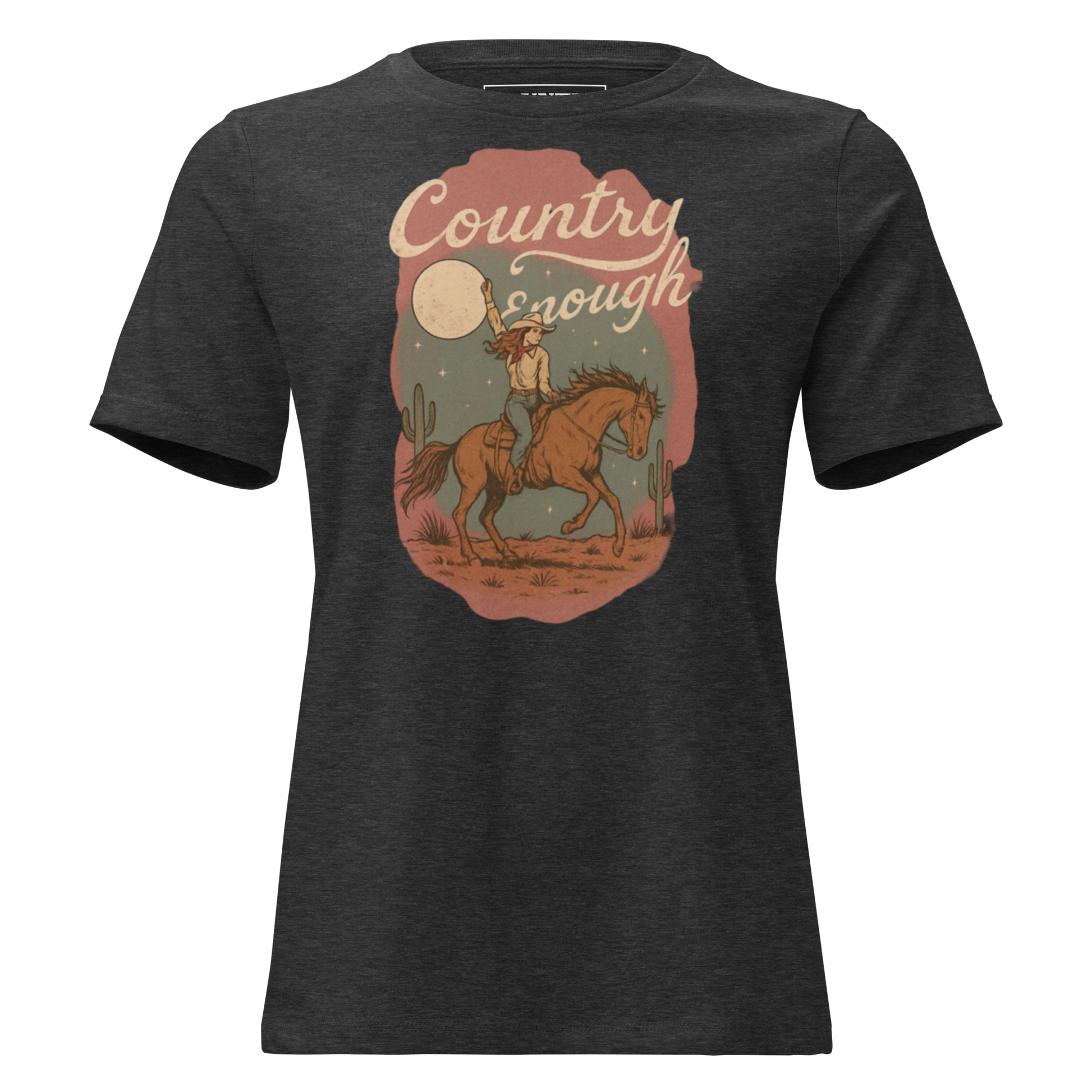 Dark Grey Heather t-shirt with cowgirl and horse graphic featuring a western landscape under moon and stars #darkgreyheather