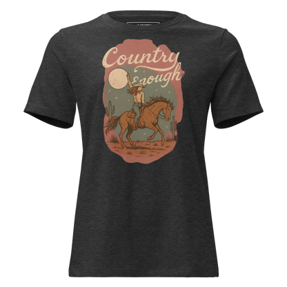 Dark Grey Heather t-shirt with cowgirl and horse graphic featuring a western landscape under moon and stars #darkgreyheather