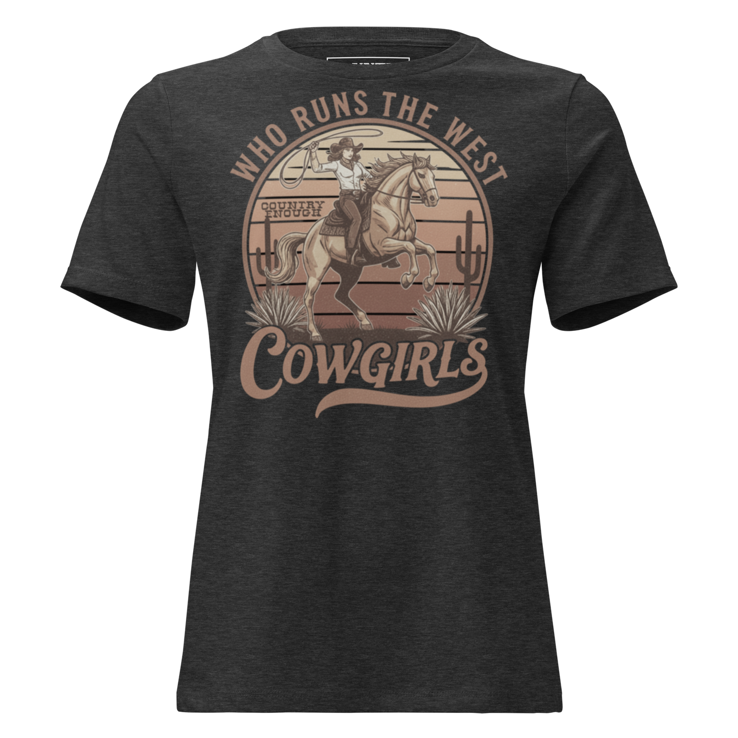 Dark Grey Heather t-shirt with graphic of a roping cowgirl on a horse, cacti, and words who runs the west cowgirls #darkgreyheather