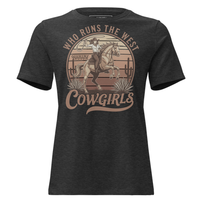 Dark Grey Heather t-shirt with graphic of a roping cowgirl on a horse, cacti, and words who runs the west cowgirls #darkgreyheather