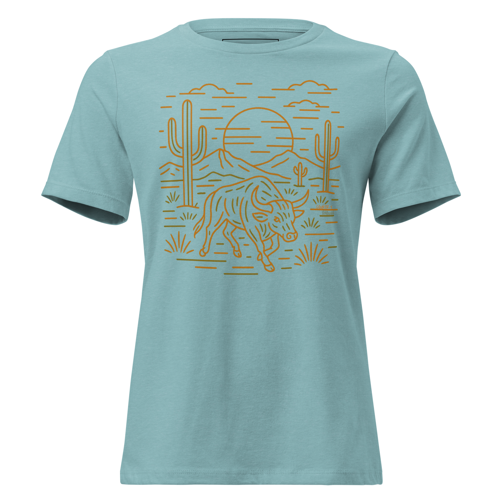 Heather Blue Lagoon t-shirt with graphic or bull, cacti, sun, and desert landscape #heatherbluelagoon