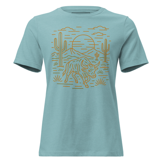 Heather Blue Lagoon t-shirt with graphic or bull, cacti, sun, and desert landscape #heatherbluelagoon