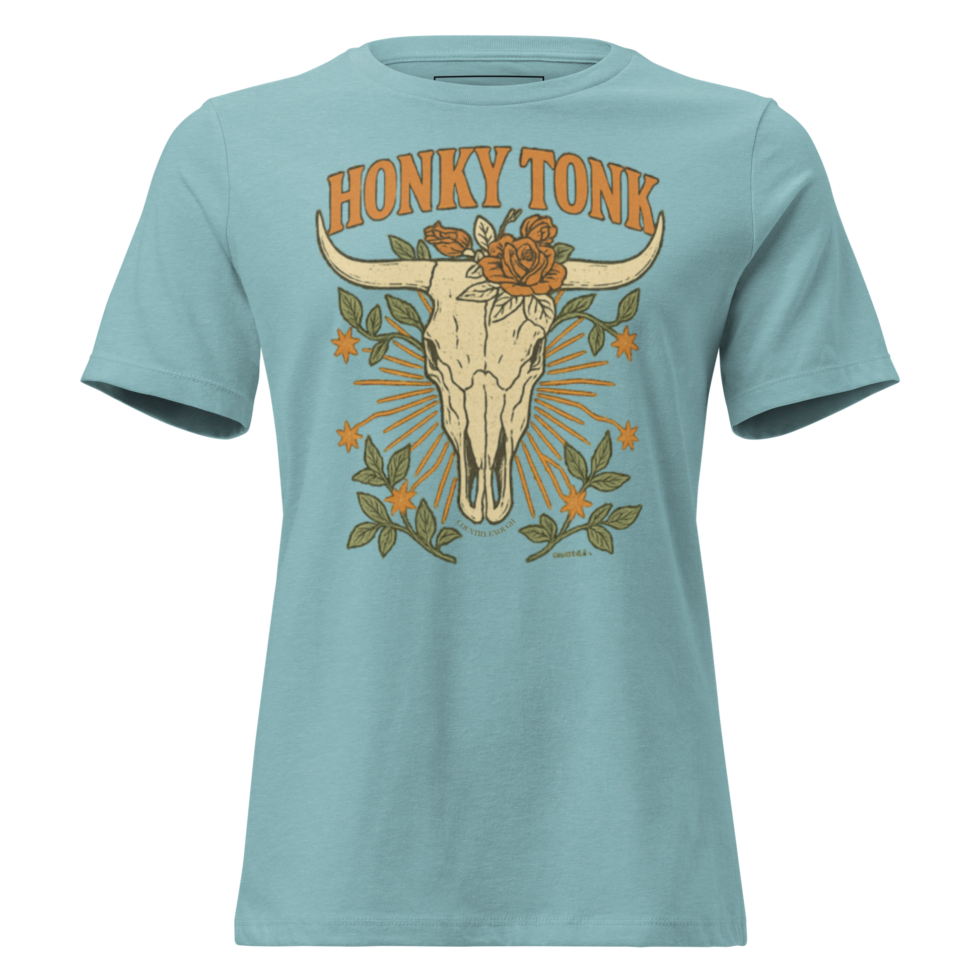 Heather Blue Lagoon t-shirt with graphic of bull skull and roses with word honky tonk above #heatherbluelagoon