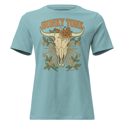 Heather Blue Lagoon t-shirt with graphic of bull skull and roses with word honky tonk above #heatherbluelagoon