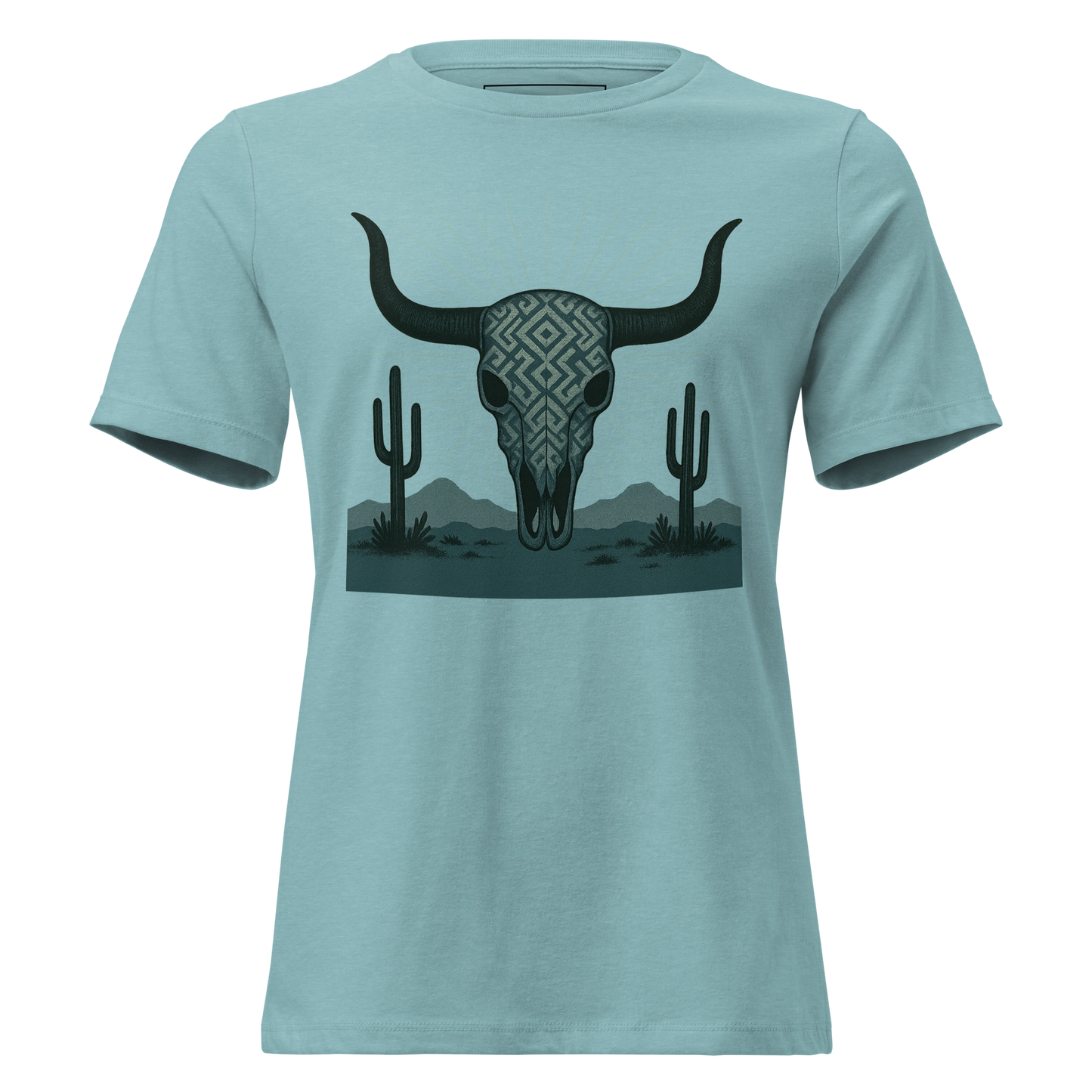 Heather Blue Lagoon t-shirt with dark green bull skull and mirrored cacti on a desert landscape #heatherbluelagoon