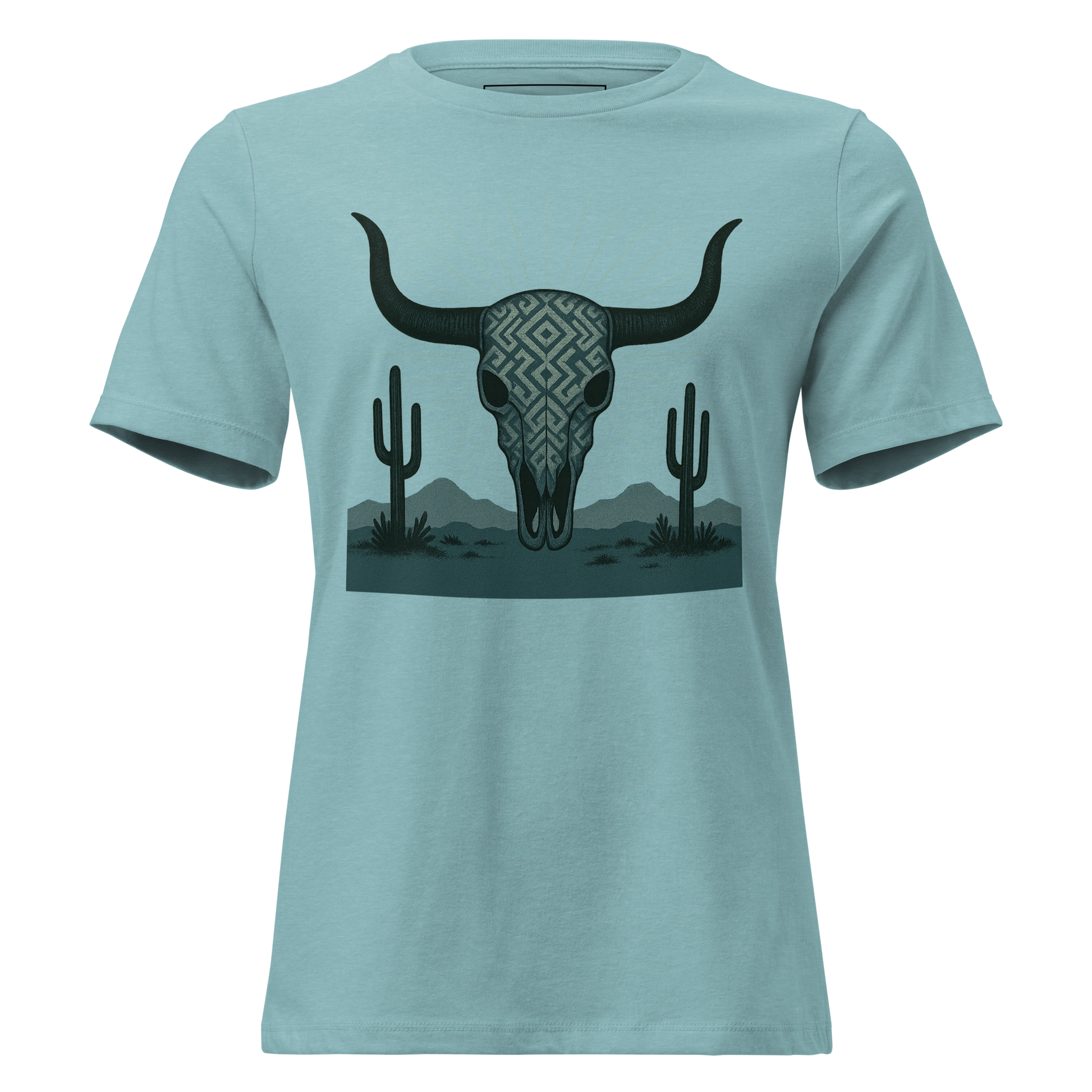 Heather Blue Lagoon t-shirt with dark green bull skull and mirrored cacti on a desert landscape #heatherbluelagoon