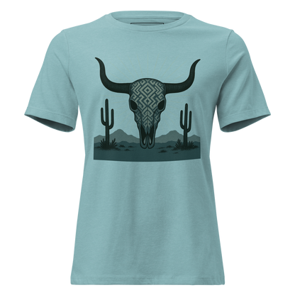 Heather Blue Lagoon t-shirt with dark green bull skull and mirrored cacti on a desert landscape #heatherbluelagoon