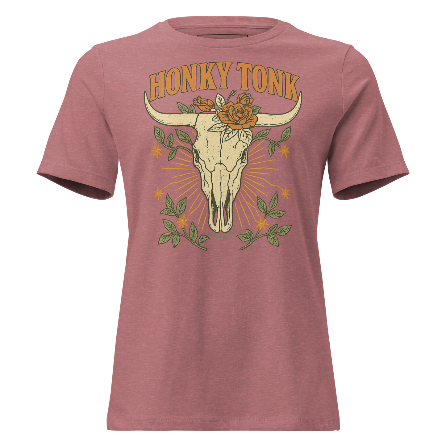 Heather Mauve t-shirt with graphic of bull skull and roses with word honky tonk above #heathermauve