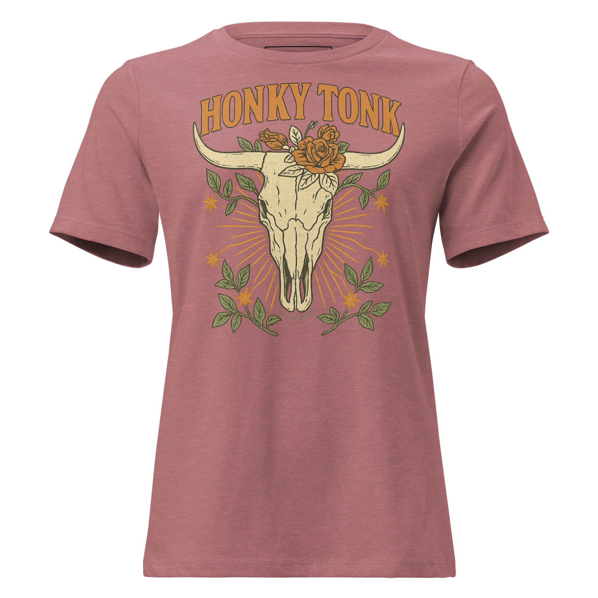 Heather Mauve t-shirt with graphic of bull skull and roses with word honky tonk above #heathermauve