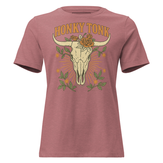 Heather Mauve t-shirt with graphic of bull skull and roses with word honky tonk above #heathermauve