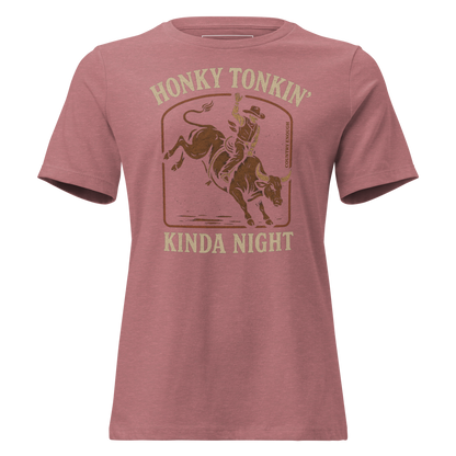 Heather Mauve t-shirt with graphic of a bull rider on a bucking bull and the words honky tonkin' kinda night #heathermauve