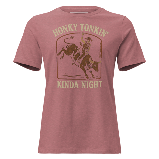 Heather Mauve t-shirt with graphic of a bull rider on a bucking bull and the words honky tonkin' kinda night #heathermauve