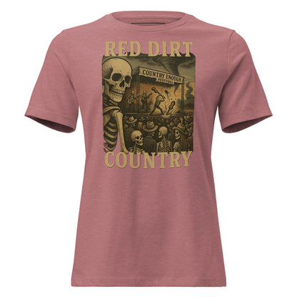 Heather Mauve t-shirt with graphic of skeletons watch a country enough musical festival of a skeleton band with words red dirt country #heathermauve