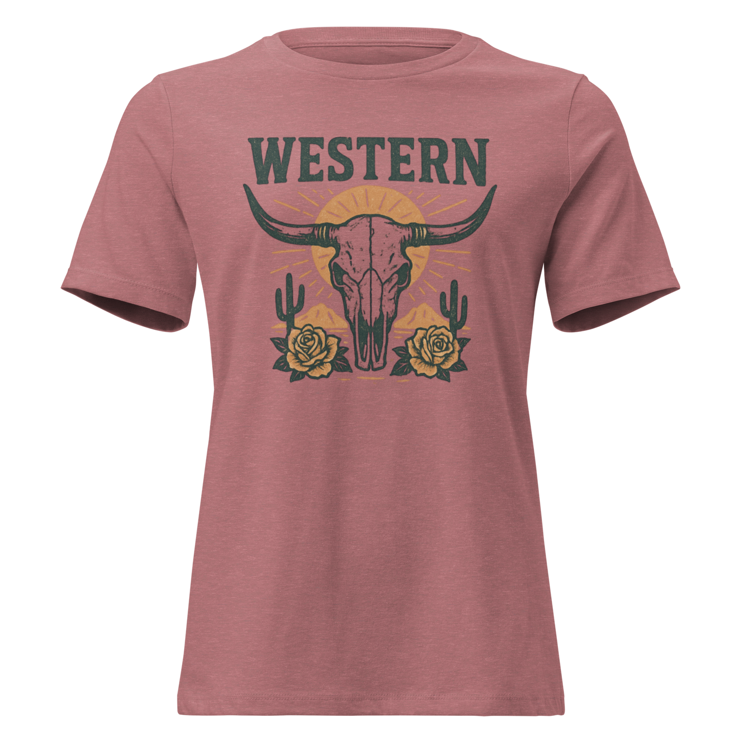 Heather Mauve t-shirt with graphic of desert landscape, cacti, roses, bull skull and sun. #heathermauve