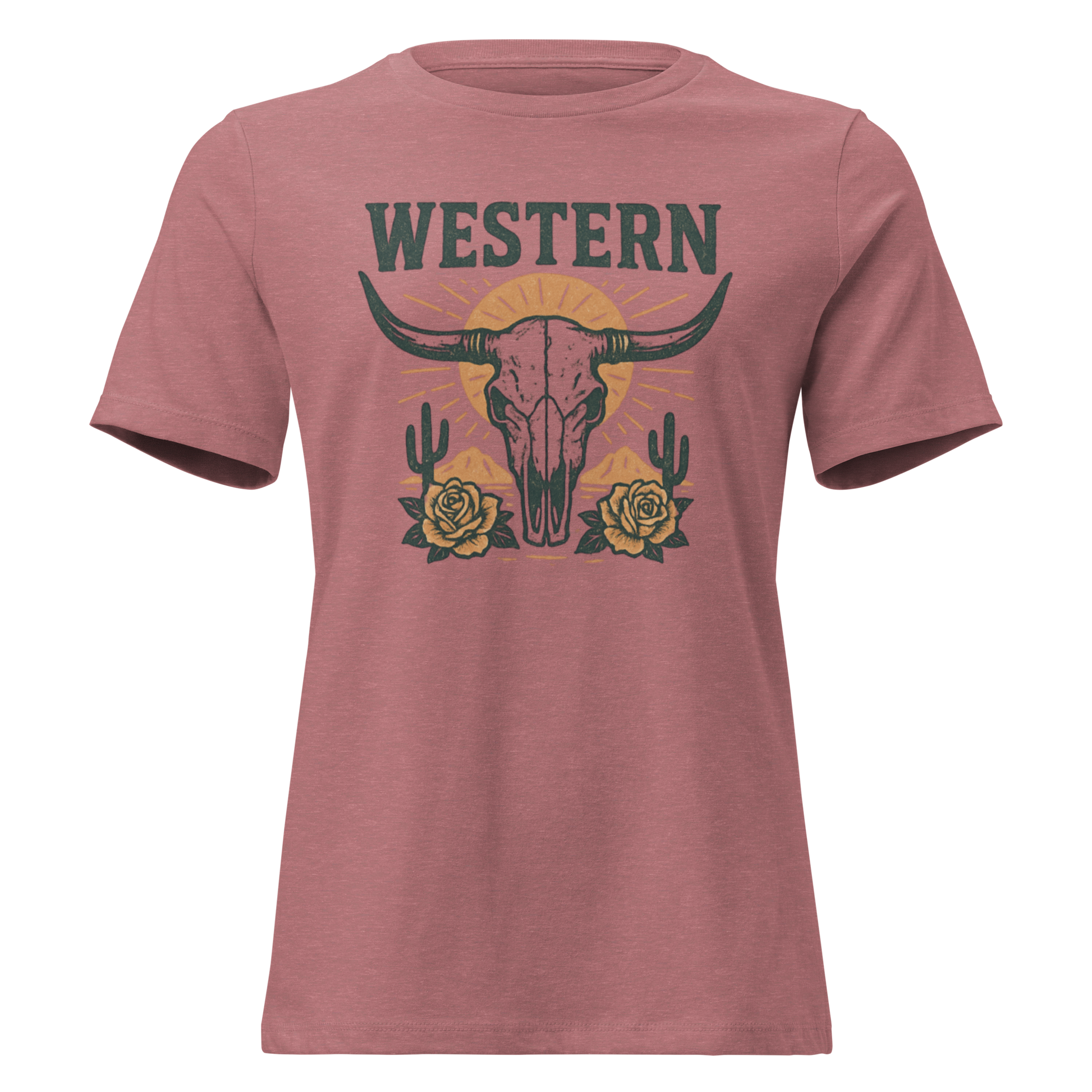 Heather Mauve t-shirt with graphic of desert landscape, cacti, roses, bull skull and sun. #heathermauve