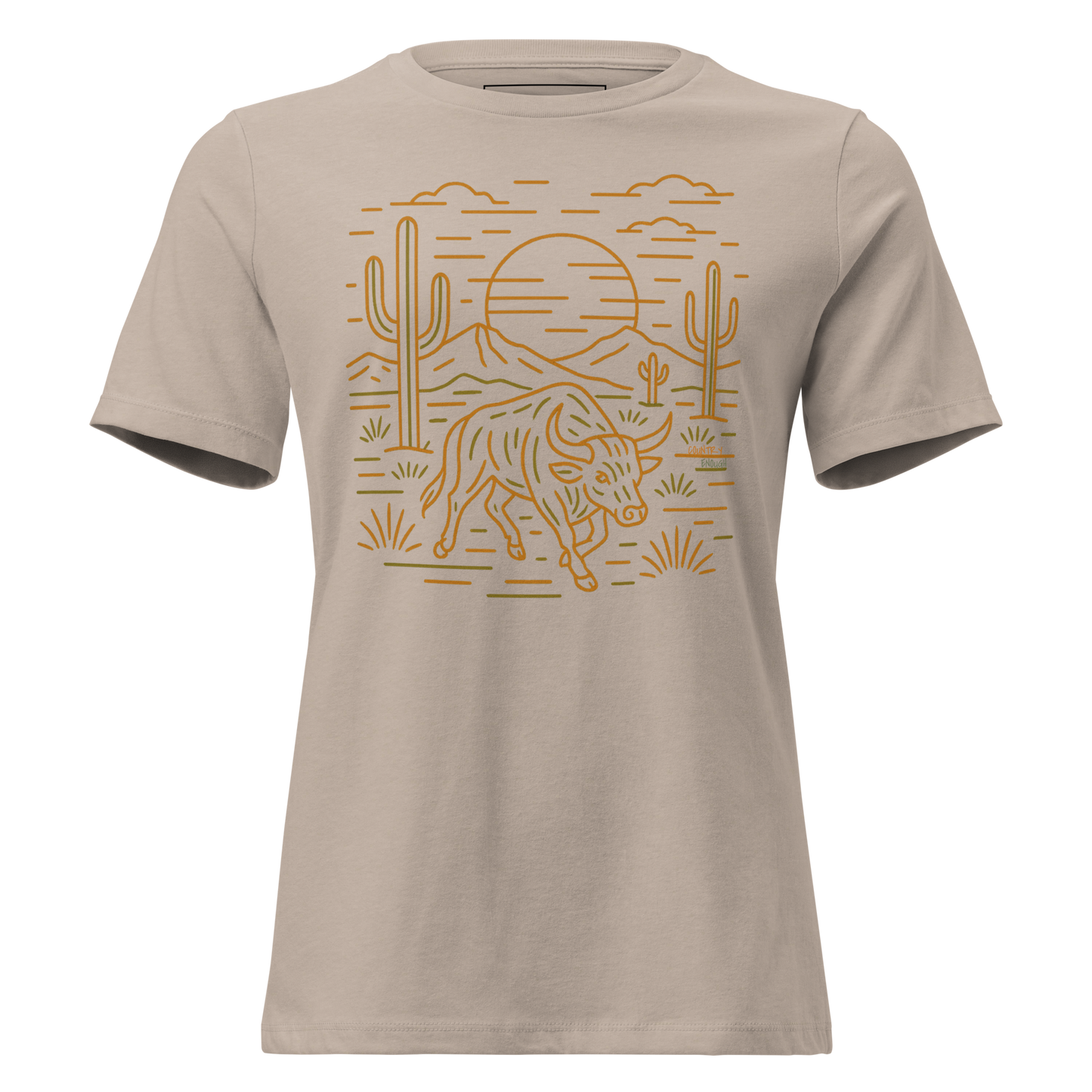 Heather Stone t-shirt with graphic or bull, cacti, sun, and desert landscape #heatherstone