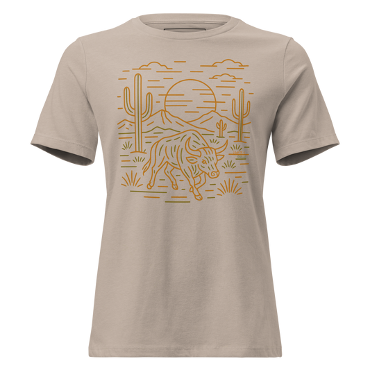 Heather Stone t-shirt with graphic or bull, cacti, sun, and desert landscape #heatherstone