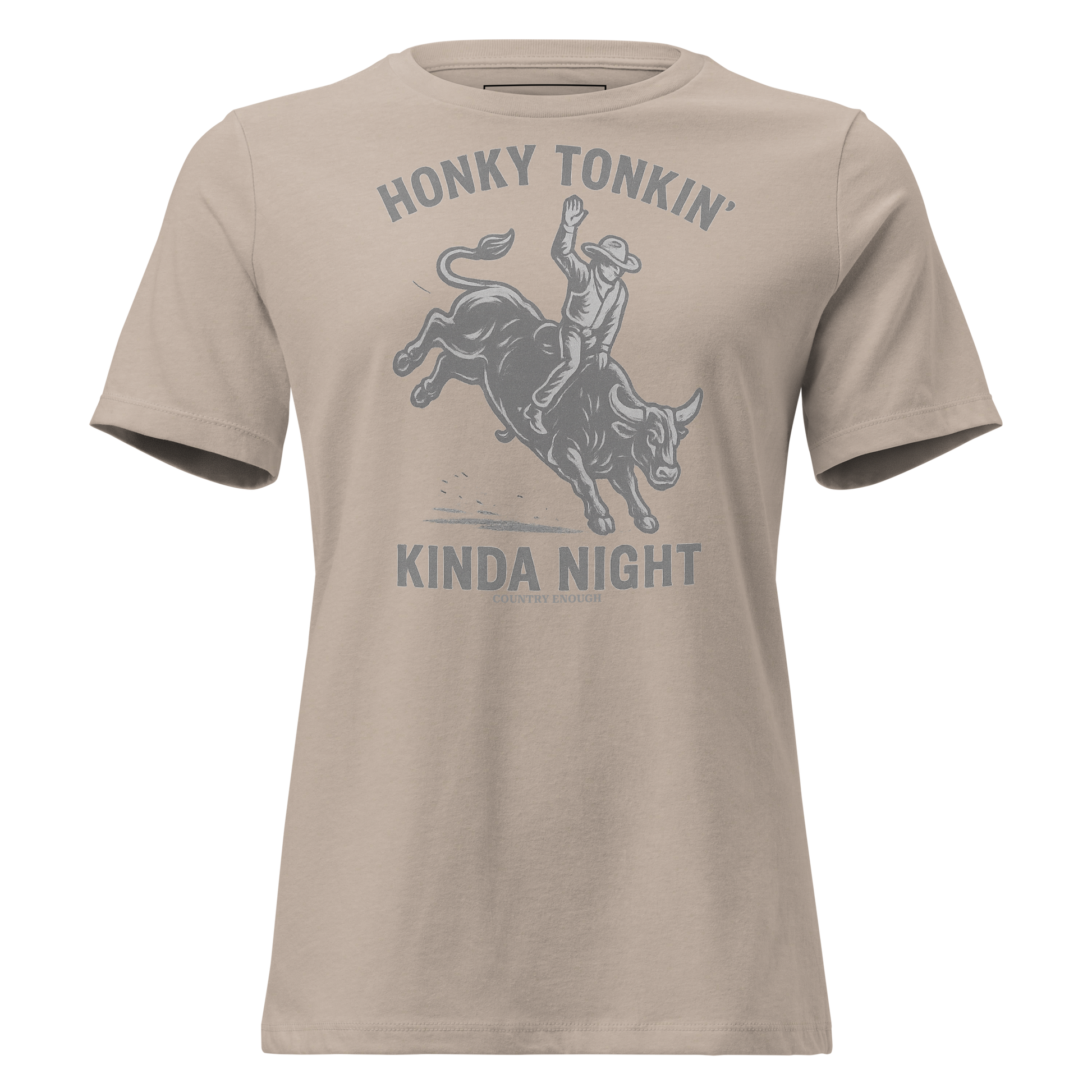 Heather Stone t-shirt with graphic of a bull rider on a bucking bull and the words honky tonkin' kinda night #heatherstone