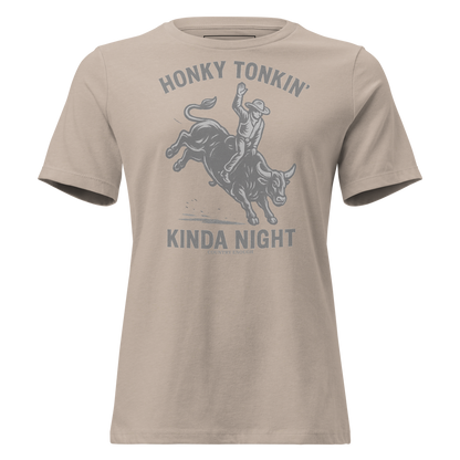 Heather Stone t-shirt with graphic of a bull rider on a bucking bull and the words honky tonkin' kinda night #heatherstone