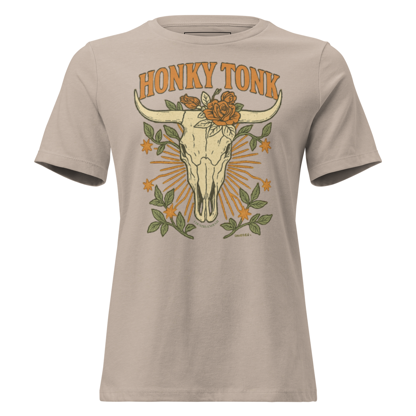 Heather Stone t-shirt with graphic of bull skull and roses with word honky tonk above #heatherstone