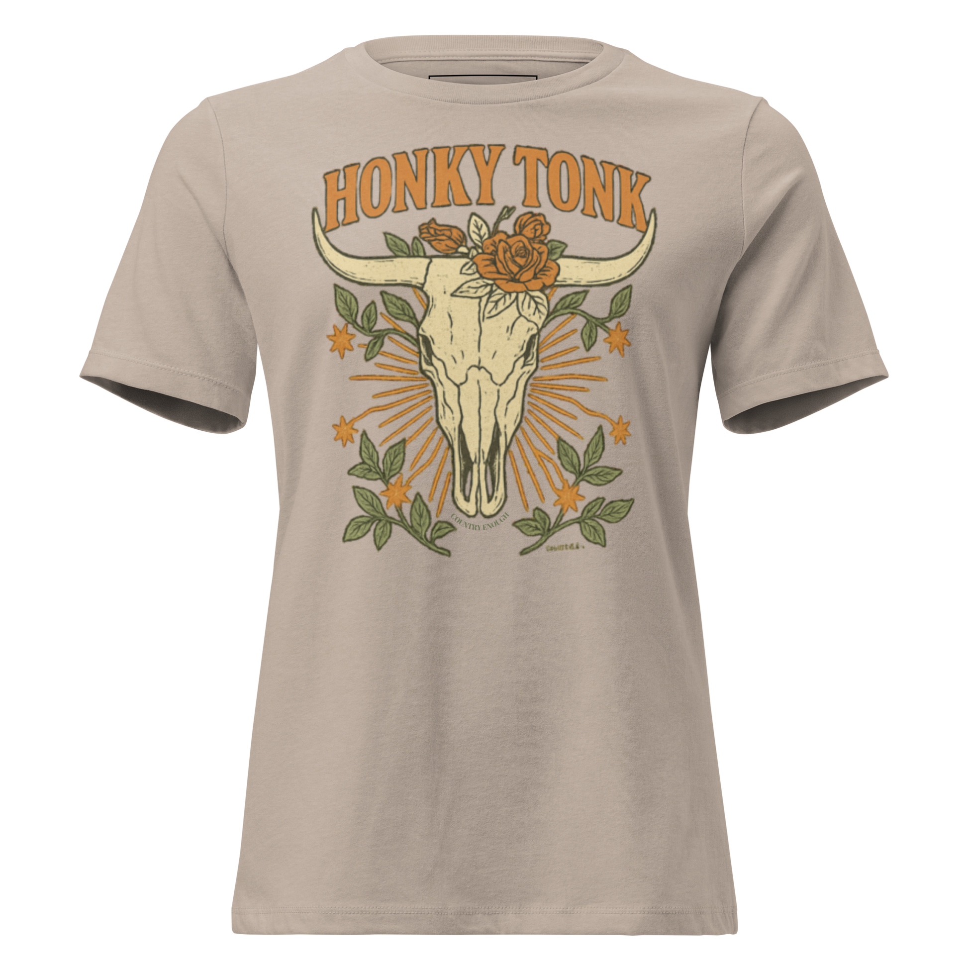 Heather Stone t-shirt with graphic of bull skull and roses with word honky tonk above #heatherstone