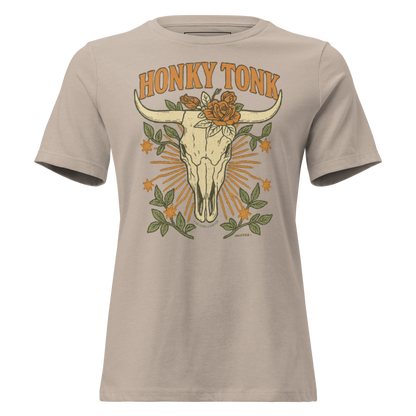 Heather Stone t-shirt with graphic of bull skull and roses with word honky tonk above #heatherstone