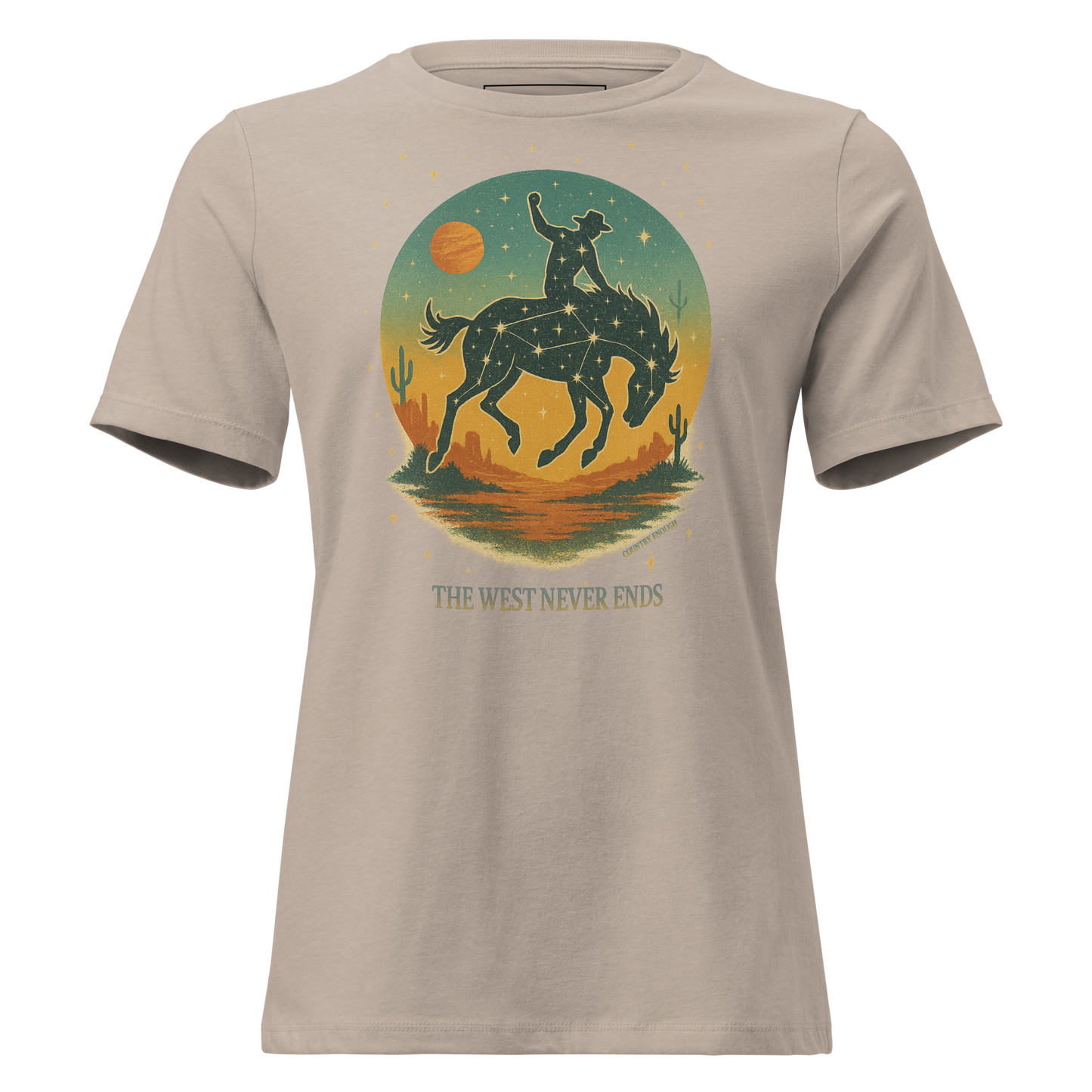 Heather Stone t-shirt with graphic of a bucking horse with rider on top, desert landscape, stars and constellations, and the words the west never ends #heatherstone