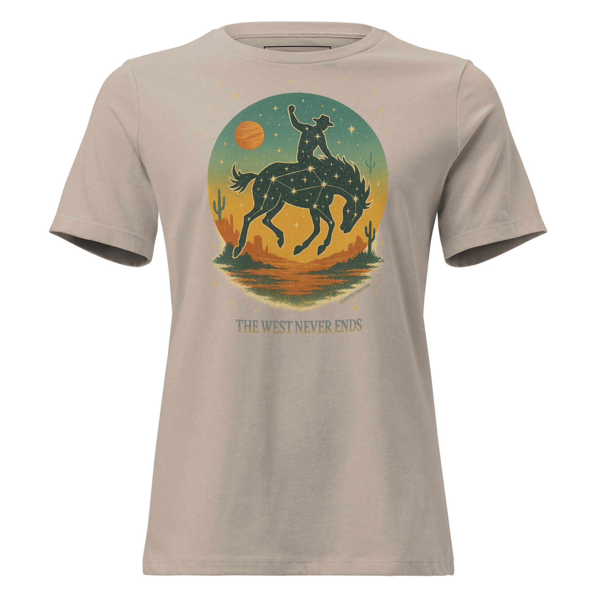 Heather Stone t-shirt with graphic of a bucking horse with rider on top, desert landscape, stars and constellations, and the words the west never ends #heatherstone