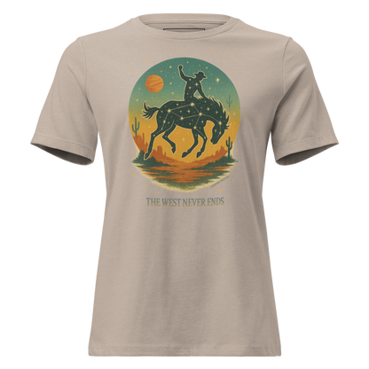 Heather Stone t-shirt with graphic of a bucking horse with rider on top, desert landscape, stars and constellations, and the words the west never ends #heatherstone
