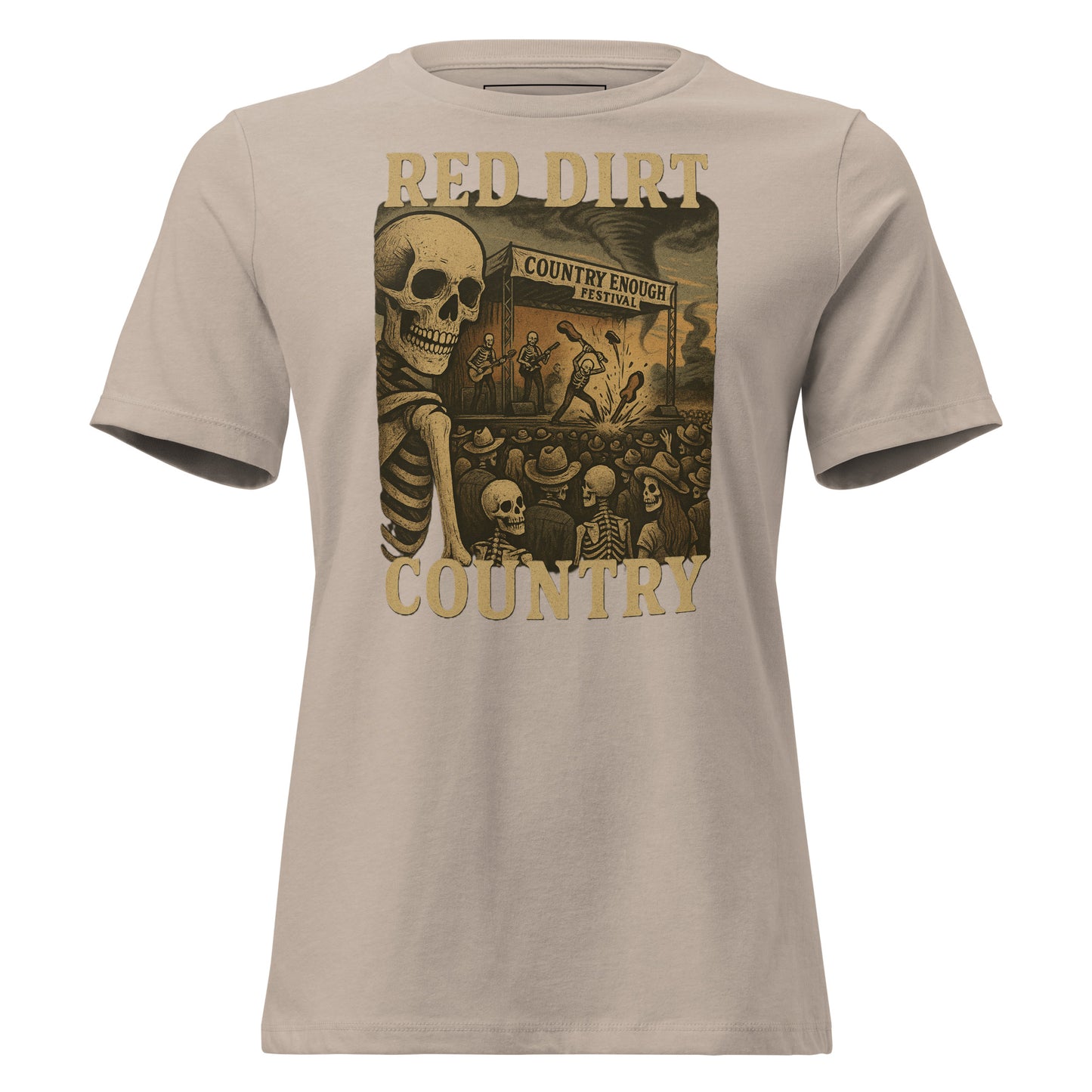 Heather Stone t-shirt with graphic of skeletons watch a country enough musical festival of a skeleton band with words red dirt country #heatherstone