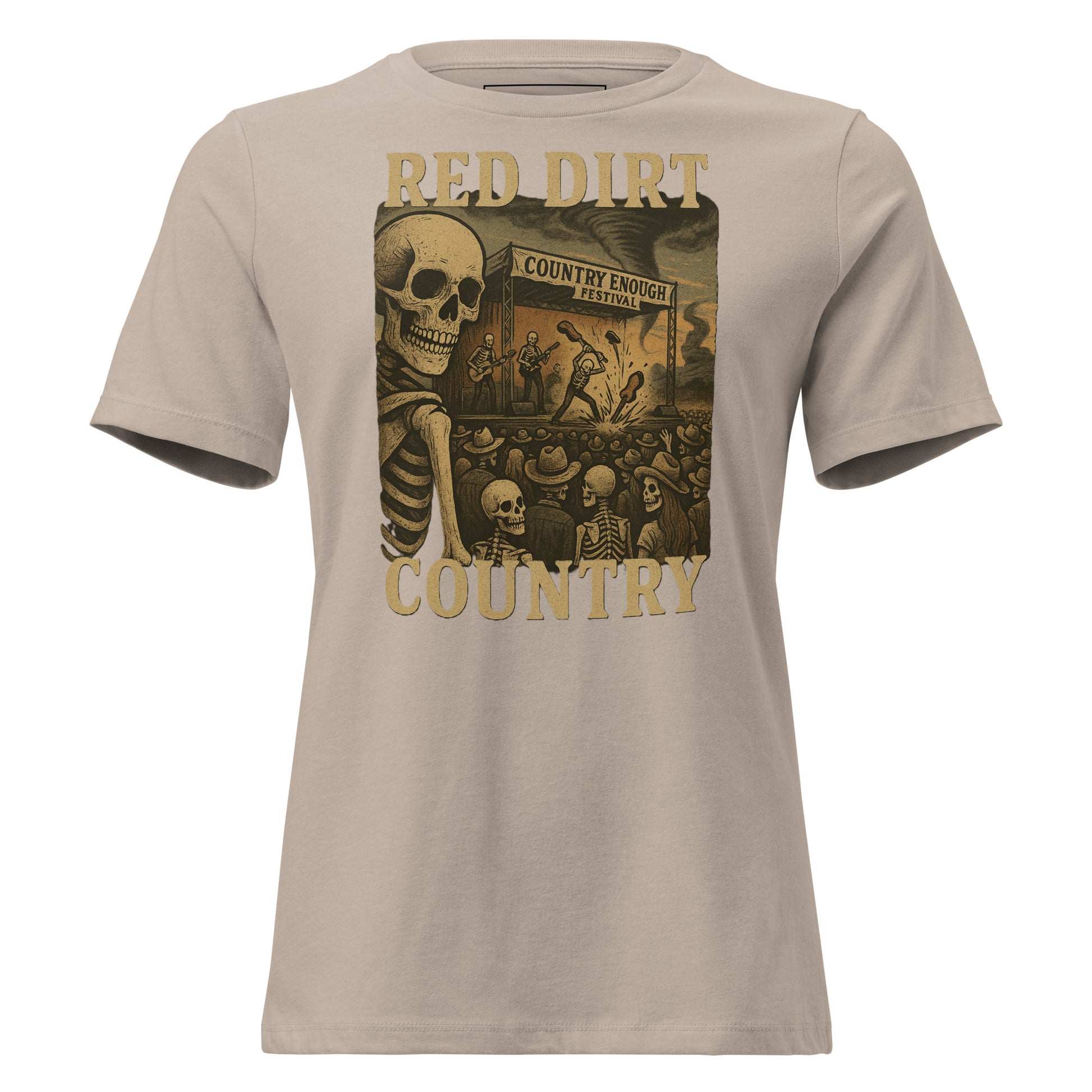 Heather Stone t-shirt with graphic of skeletons watch a country enough musical festival of a skeleton band with words red dirt country #heatherstone