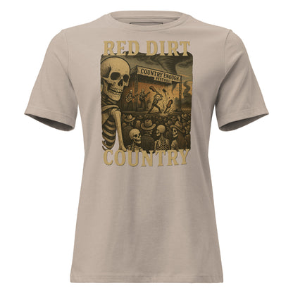 Heather Stone t-shirt with graphic of skeletons watch a country enough musical festival of a skeleton band with words red dirt country #heatherstone