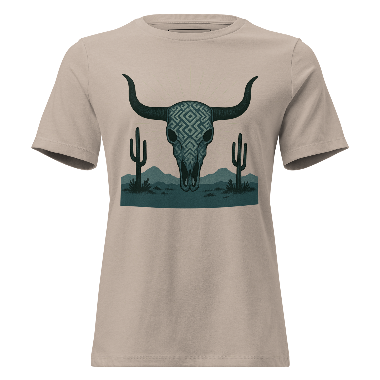 Heather Stone t-shirt with dark green bull skull and mirrored cacti on a desert landscape #heatherstone