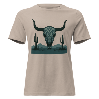 Heather Stone t-shirt with dark green bull skull and mirrored cacti on a desert landscape #heatherstone