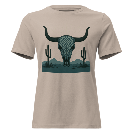 Heather Stone t-shirt with dark green bull skull and mirrored cacti on a desert landscape #heatherstone