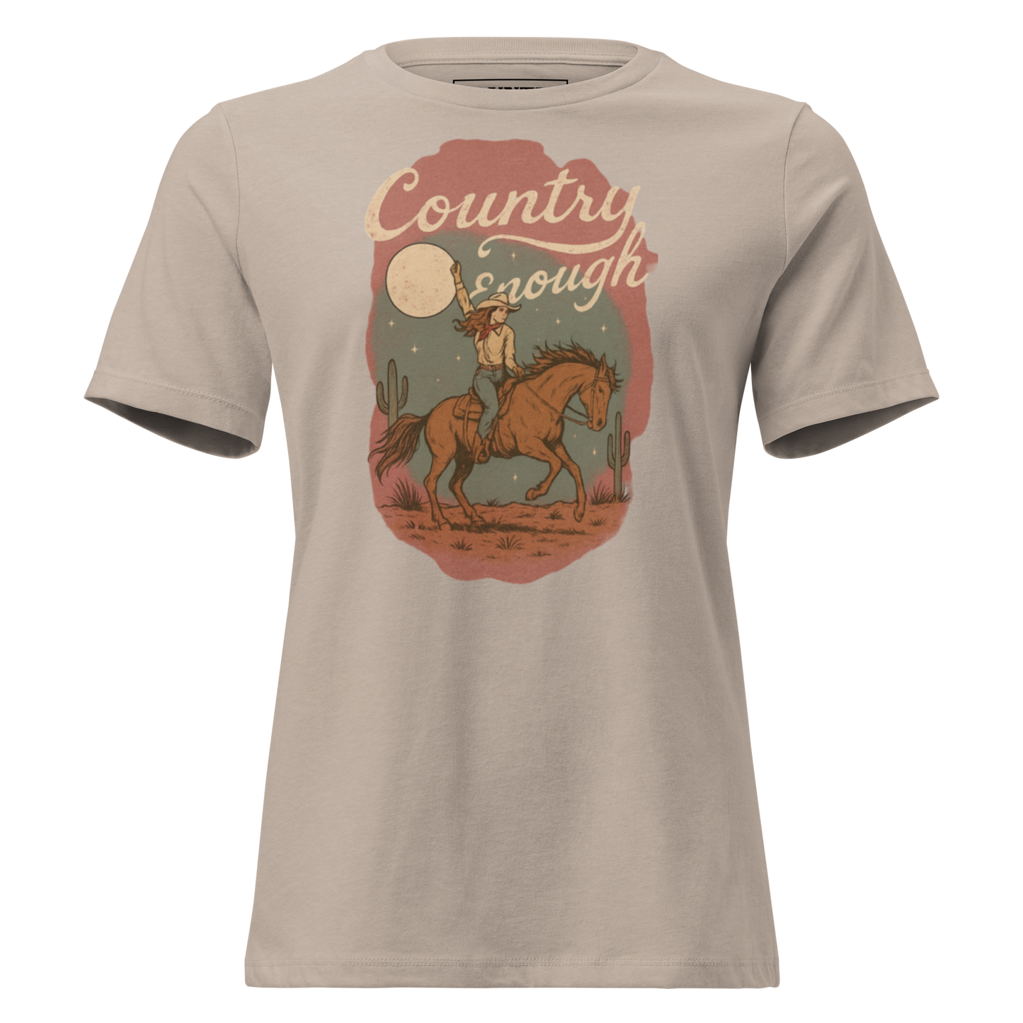 Heather Stone t-shirt with cowgirl and horse graphic featuring a western landscape under moon and stars #heatherstone