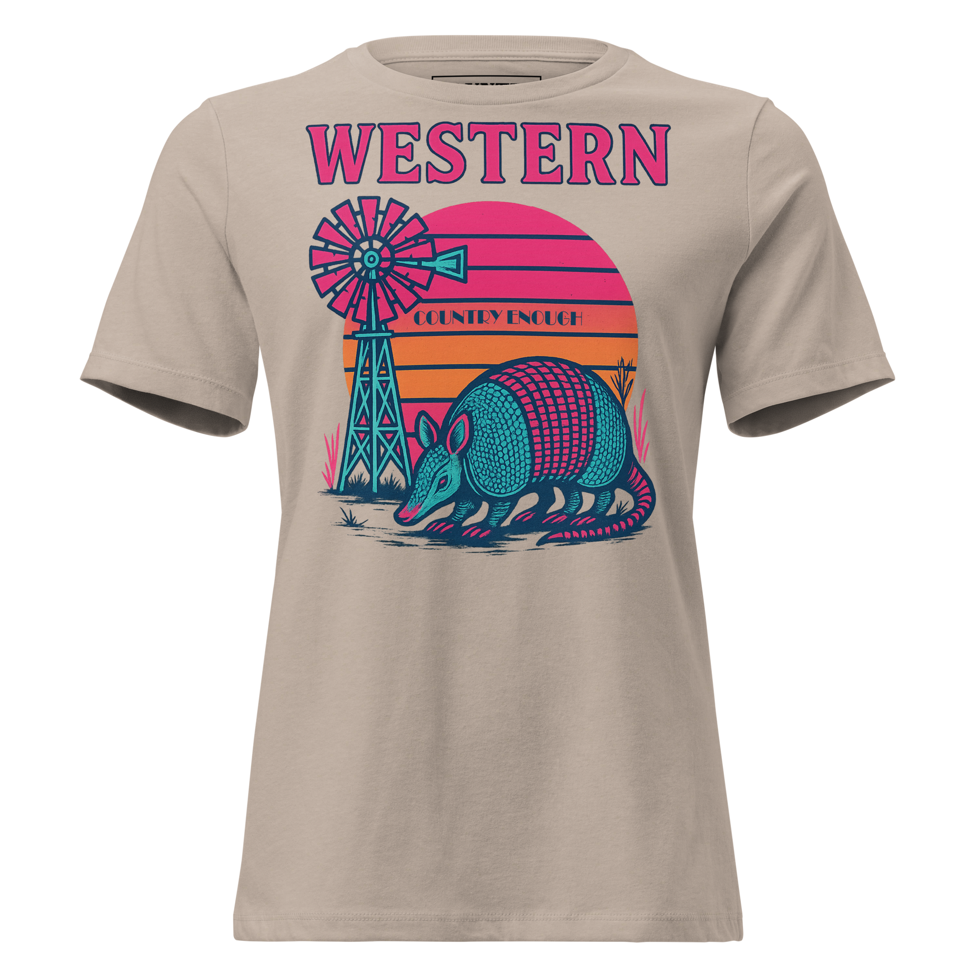 Heather Stone t-shirt with sunset, windmill, and an armadillo graphic #heatherstone