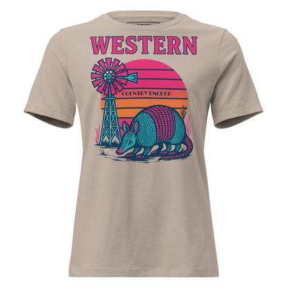 Heather Stone t-shirt with sunset, windmill, and an armadillo graphic #heatherstone