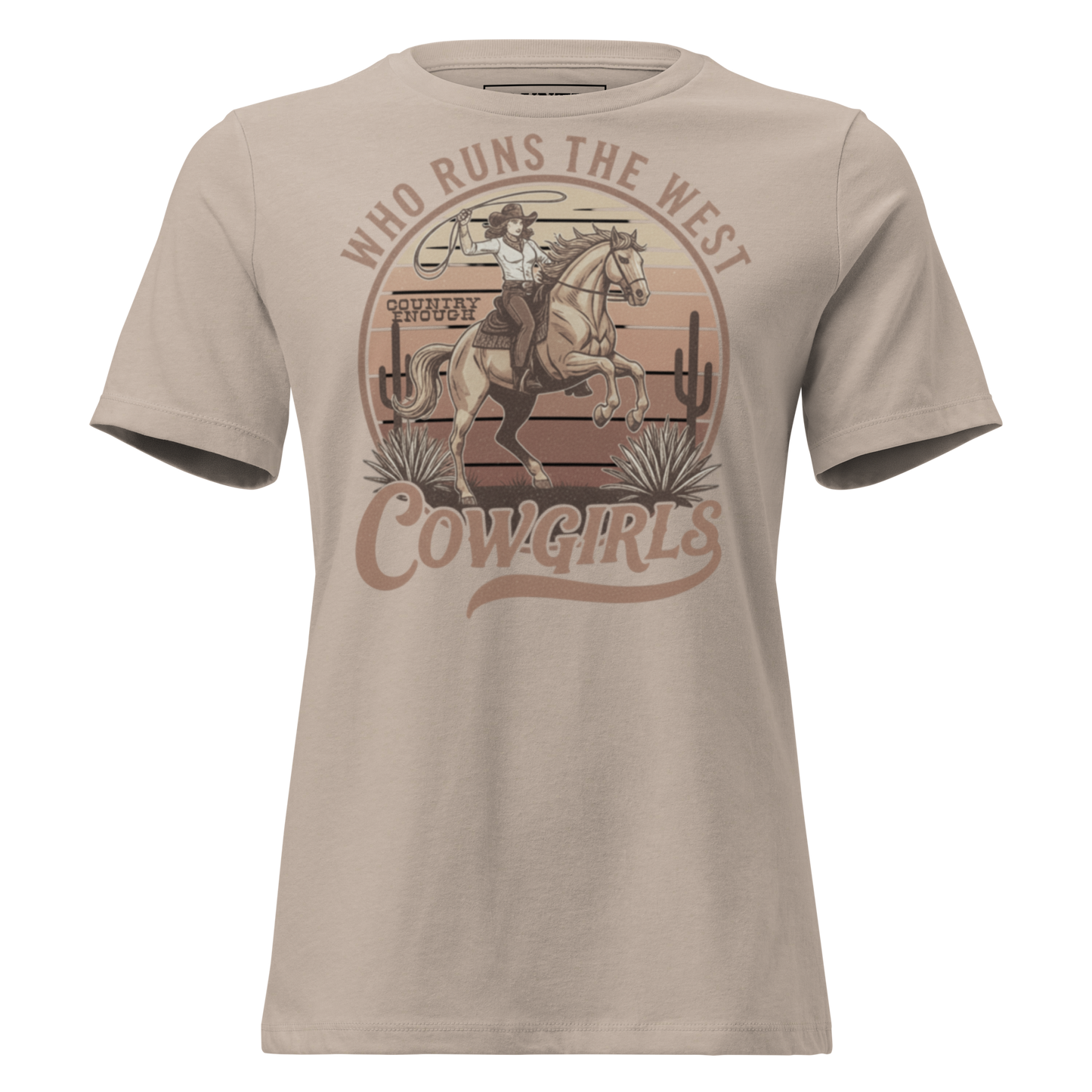 Heather Stone t-shirt with graphic of a roping cowgirl on a horse, cacti, and words who runs the west cowgirls #heatherstone
