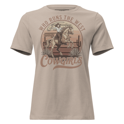 Heather Stone t-shirt with graphic of a roping cowgirl on a horse, cacti, and words who runs the west cowgirls #heatherstone