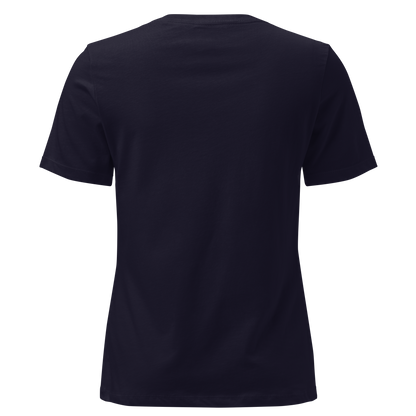 Navy t-shirt with cowgirl and horse graphic featuring a western landscape under moon and stars #navy