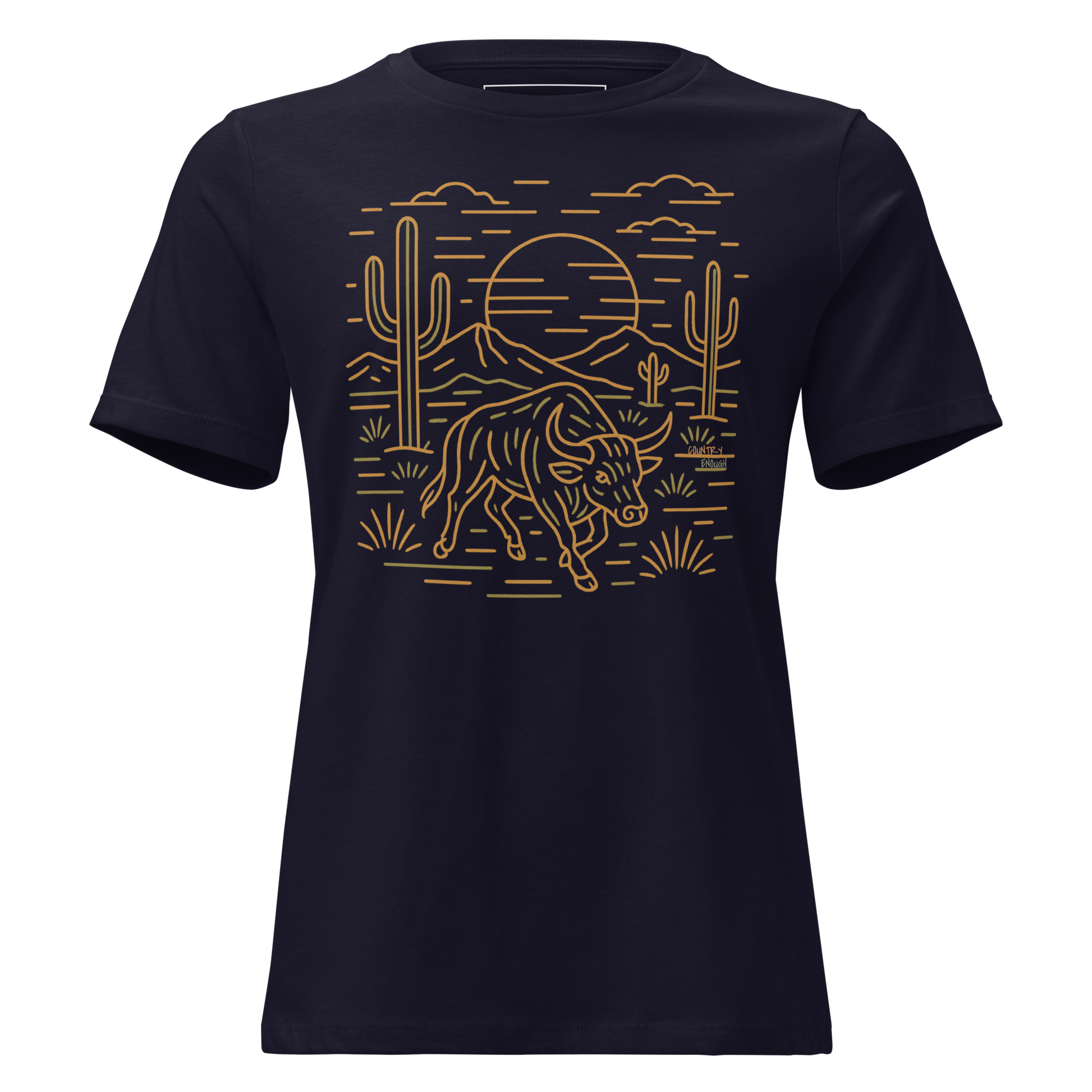 Navy t-shirt with graphic or bull, cacti, sun, and desert landscape #navy