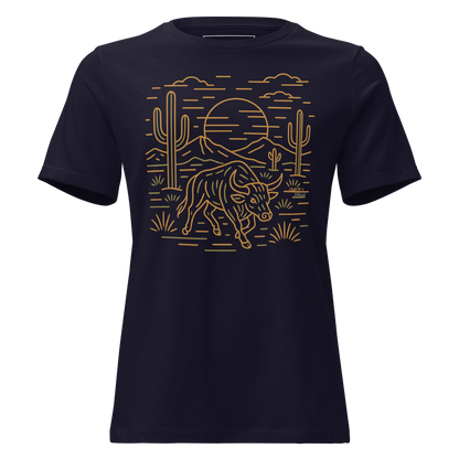 Navy t-shirt with graphic or bull, cacti, sun, and desert landscape #navy