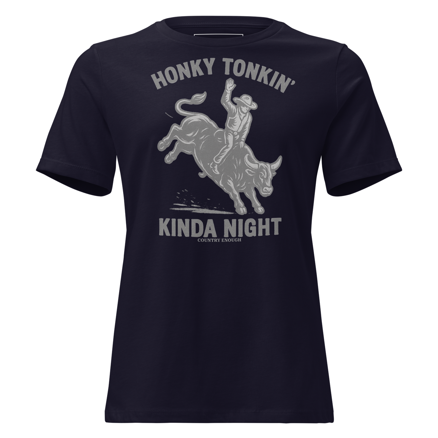 Navy t-shirt with graphic of a bull rider on a bucking bull and the words honky tonkin' kinda night #navy