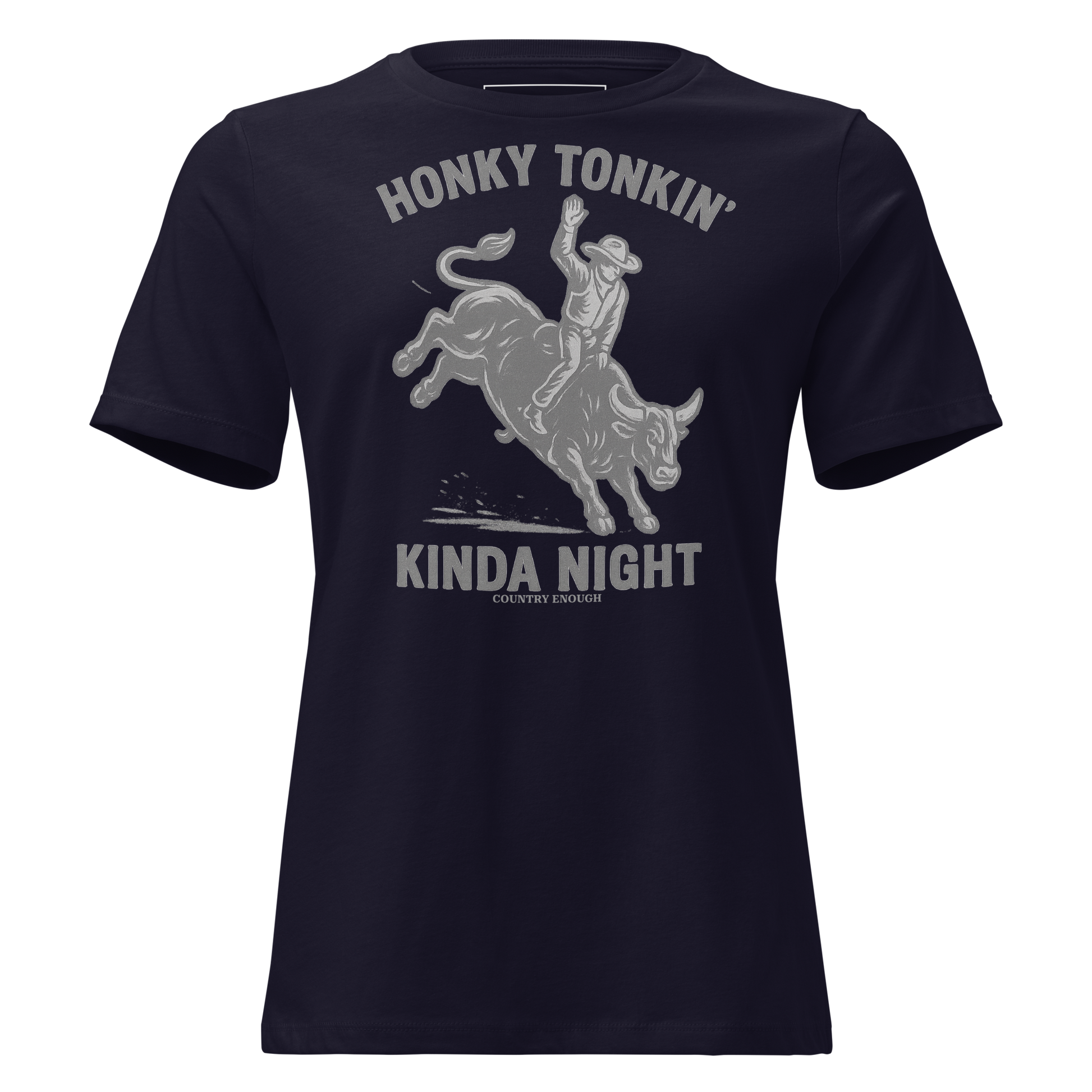 Navy t-shirt with graphic of a bull rider on a bucking bull and the words honky tonkin' kinda night #navy