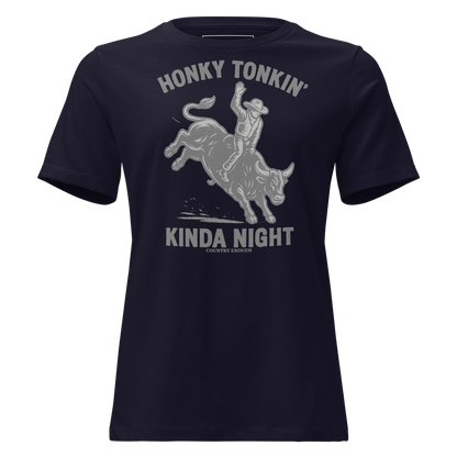 Navy t-shirt with graphic of a bull rider on a bucking bull and the words honky tonkin' kinda night #navy