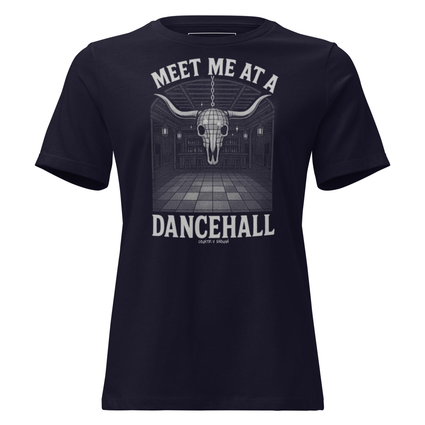 Navy t-shirt with graphic of a bar scene, bull skull shaped disco ball, and words meet me at a dancehall, all in gray #navy