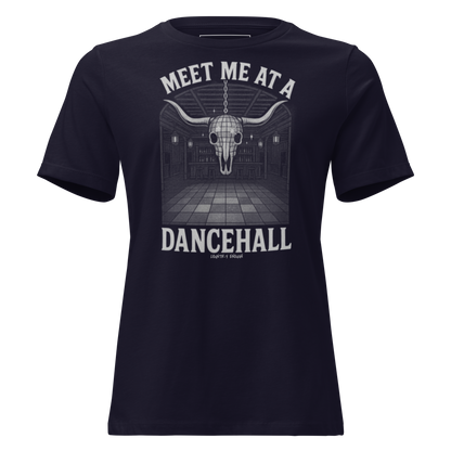 Navy t-shirt with graphic of a bar scene, bull skull shaped disco ball, and words meet me at a dancehall, all in gray #navy